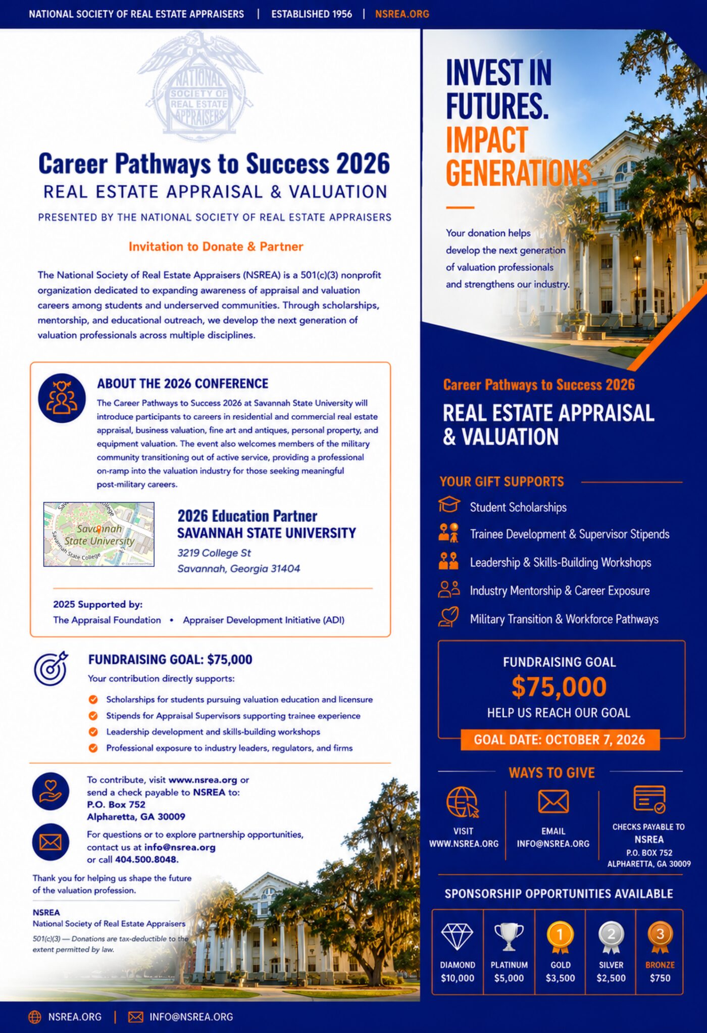 NSREA — Career Pathways to Success 2026: Real Estate Appraisal & Valuation donor and partner flyer